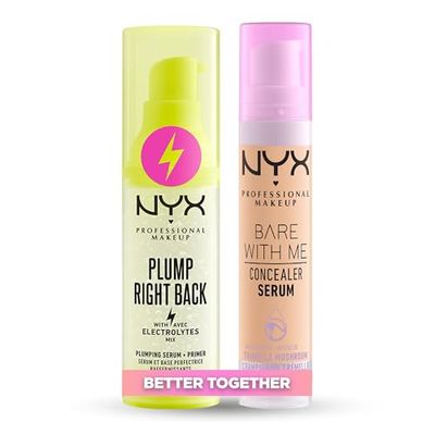 Pack NYX Professional Makeup Plump Right Back Primer & Serum, Con electrolitos, Fórmula vegana, 30ml + NYX Professional Makeup Bare With Me Serum Corrector, Natural, Cobertura Media, Beige, 9,6ml