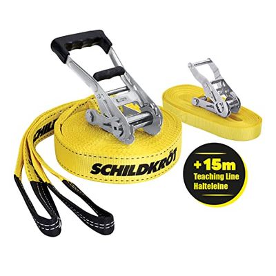Schildkröt Slackline 15m, avec Ligne d'Enseignement pour Débutants, Ligne Robuste de 5 cm de Large pour Enfants et Adultes