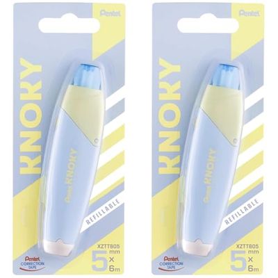 Pentel Correction tape Knoky XZTT805S-WY Ruban correcteur rétractable par bouton poussoir et rechargeable, bande 5 mm x 6 m, corps pastel bleu ciel + jaune (Lot de 2)