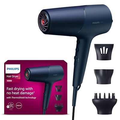 Philips Secador de Pelo Serie 5000, 2300w, con Tecnología ThermoShield, Boquilla UltraEstrecha, Boquilla Estrecha y Disfusor, BHD510/20, Negro