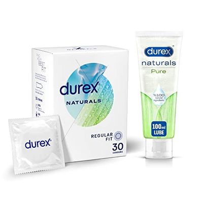 Durex Natural Bundle: Durex Naturals Thin 30 Condoms + Water Based Pure Lubricant Gel 100 ml