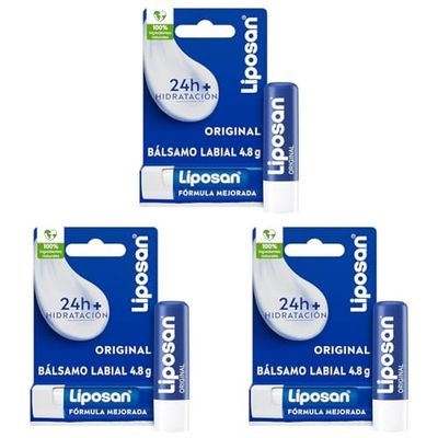 Liposan Original (1 x 4,8 g), bálsamo labial de cuidado intensivo, cacao de labios de textura ligera, bálsamo hidratante para unos labios suaves y tersos (Paquete de 3)