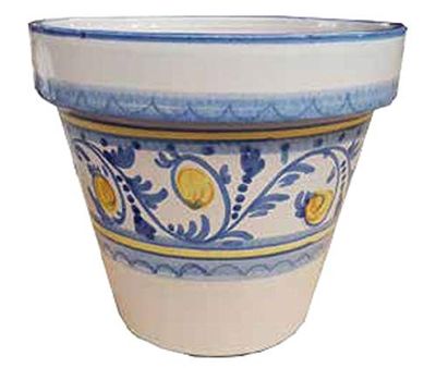 VASO ISCHIA BLU E BIANCO + SOTTOVASO BIANCO IN CERAMICA DI VIETRI DIPINTI A MANO; FIORIERA DIAMETRO CM. 27, ALTEZZA CM. 25 TERRACOTTA COTTO COCCIO