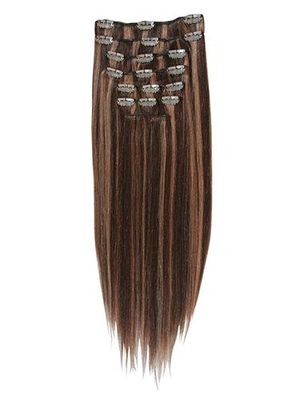 18" Full Head Clip in Hair Extensions Straight 10 pieces 120 grams Human Synthetic Mix ( 4/27 Chocolate Brown Strawberry Blonde Mix)