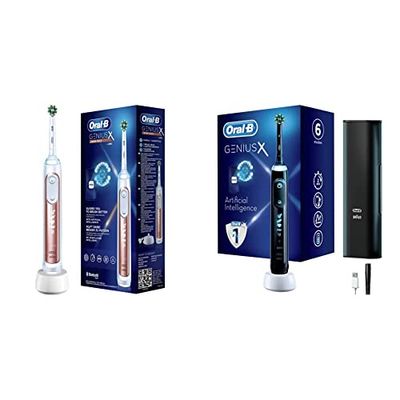 Oral-B Genius X Brosse à Dents Électrique Rechargeable 1 Manche Intelligence Artificielle et 1 Brossette, Or Rose, 6 Modes Dont Blancheur & Genius X Noir, Brosse à Dents Électrique Rechargeable