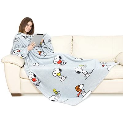 Kanguru Deluxe Snoopy, superzachte en gezellige fleecedeken met mouwen met buidelzak, kleur grijs, volwassen grootte 140 x 180 cm