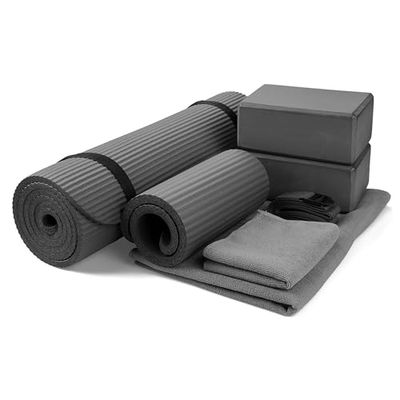 BalanceFrom GoYoga 7-delige set voor volwassenen, inclusief yogamat met draagriem, 2 yogablokken, yoga-handdoek, yogariem en yoga-kniebeschermer (grijs, 1/2 inch dikke mat)