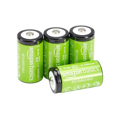 Amazon Basics - Pacote de 4 pilhas recarregáveis C NiMH, 5000 mAh, recarregáveis até 1000 vezes, pré-carregadas