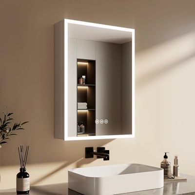 EMKE Armadietto a specchio da bagno con illuminazione, 50 x 70 x 14,5 cm, anti-appannamento, 3 colori di luce dimmerabili, presa, ripiano in vetro, funzione di archiviazione, bianco, doppio specchio