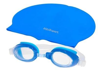 AquaSport Kinderbadmuts en zwembril van kunststof, blauw, 12 stuks