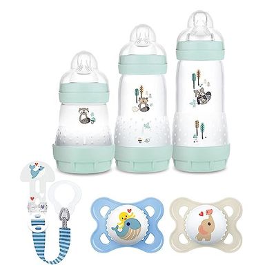 MAM Easy Start Anti-Cólic Set de Iniciación con 3 Biberones Anticólicos Patentados, 160, 260, 320 mL, Azul + 6 Tetinas de Silicona SkinsoftTM Ultrasuaves + 2 Chupetes Original 0+ meses + Broche