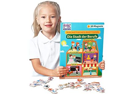 Magikon Magneetspel De stad van de beroepen, 30 magneten, kinderspeelgoed met groot speelveld voor bezigheid tijdens het autorijden, spel voor onderweg met magneetpuzzels, magneetboek vanaf 3 jaar