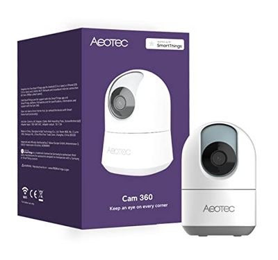 SmartThings Aeotec Cámara IP WiFi Cámara de Seguridad 1080p Resolución Full HD Visión Nocturna 360° Detección de Personas Seguimiento de Movimiento Vista panorámica Audio bidireccional