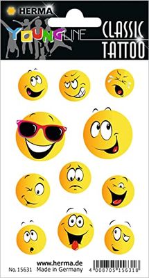 HERMA 15631 Tijdelijke tatoeages, smiley, 11 stuks, zelfklevende tatoeages om op te plakken, neptatoeagestickers met emoji-gezichtsmotief, kindertatoeagestickers voor verjaardag, carnaval, kinderen,