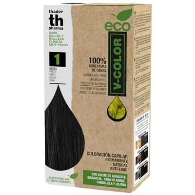Thader Th Pharma ECO V-Color Permanent hårfärgningssats utan ammoniak 100% täckning av grått hår, 120 ml (nr 1 svart)