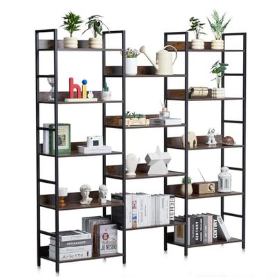 VEVOR Triple Metal Bookshelf, 14-Tier Industrial Bookshelf, Large Rustic Vintage Storage Bookcase with Open Shelves, Freestanding Display Shelving Unit Storage Rack, for Living room, Bedroom & Office