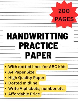 Handwritting practice paper with dotted lines for kids || 200 blank handwriting pages || 8.5x11 size with high quality paper || affordable price