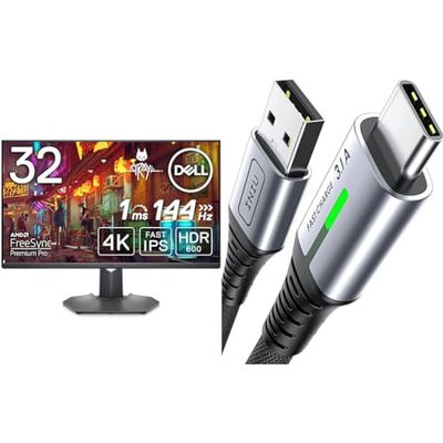 Dell G3223Q 32 Inch 4K UHD (3840x2160) Gaming Monitor, 144Hz, Fast IPS, 1ms & INIU USB C Charger Cable 2m 3.1A Type C Cable Fast Charging, Braided USB A to USB-C Phone Charger