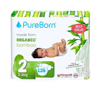 PureBorn Eco Organic Bambusowe pieluchy, Rozmiar 2 (3-6 kg), 128 sztuki, Hipoalergiczne, Ultra miękkie, Ekologiczne, Różne Nadruki, Wskaźnik Wilgotności