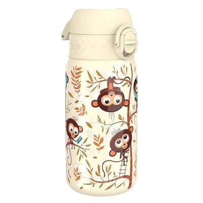 ION8 Lichtgewicht Stalen Kinderwaterfles, 400 ml/13 oz, Zonder Isolatie, Lekvrij, Makkelijk te Openen, Veilige Vergrendeling, Vaatwasserbestendig, Flipdop, Draaggreep, Duurzaam, Apen