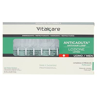 Vitalcare | Swiss anti-fall-behandling för män, energiserande, med Follicusan molekylkomplex, 10 ampuller mot hår och män, 6 ml, med praktisk doserare