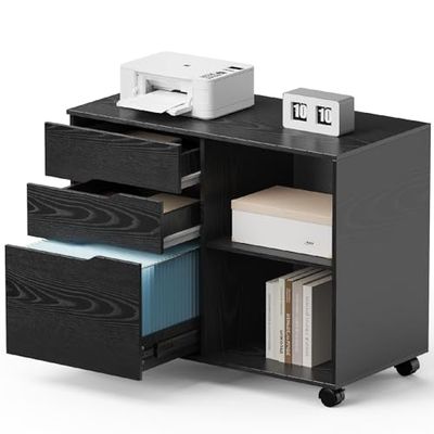 SURFOU Rolcontainer met 3 laden, bureaukast, bureau-onderkast, kantoorkast op 4 wielen, printerkast, archiefkast, hout, zwart