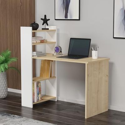 Élégant Bureau d'étude, avec Livre, chêne Saphir et Blanc, 110 x 70 x 50 cm, revêtement en mélamine, épaisseur 18 mm, Design Polyvalent pour Les espaces Modernes