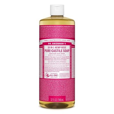 Dr. Bronner's - Sabão líquido puro de castela (rosa, 32 onças) – Fabricado com óleos orgânicos, 18 em 1 usos: rosto, corpo, cabelo, lavandaria, animais de estimação e pratos, concentrado, vegano, sem