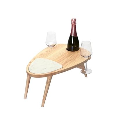 Legnoart Scenario – Mesa de Picnic portátil y Plegable de Fresno Natural Macizo e Inserto de mármol (1 Soporte para Botella de Vino y 2 Soportes de Vasos) – 500 x 350 x 210 mm