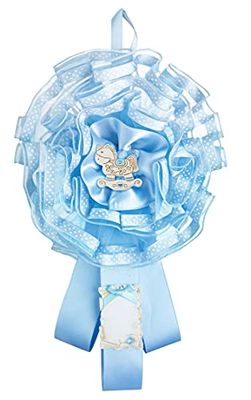 Rosetón de nacimiento de tul decorado con lazo de lunares, cintas de raso, aplicación de una decoración de resina y pergamino de cartón para escribir el nombre y la fecha, caballo azul niño