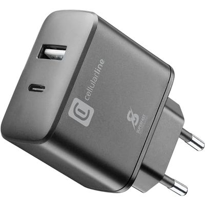 Cellularline - Caricabatterie da Rete 2 porte USB e USB-C con tecnologia Super Fast Charging 25W