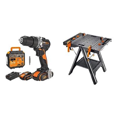 Pack Worx WX352 | WX051 | Taladro percutor más mesa de trabajo plegable | 2 Baterías | Cargador y maletín