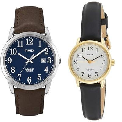 Timex Easy Reader Men's 38mm Brown Leather Strap Date Window Quartz Watch TW2P75900 & Easy Reader Women's 25mm Leather Strap Watch T20433