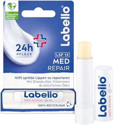 Labello Med Repair Baume à lèvres sans huile minérale SPF 15 et vitamine E pour lèvres gercées, baume à lèvres au beurre de karité et huiles naturelles (4,8 g)
