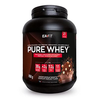 Pure Whey Choco noisette | EAFIT | Protéine | 32g de protéines Whey+7,6g de BCAA/shaker+magnesium | Musculation, Maintien et construction de la masse musculaire| Whey protein pour le sport | 850g
