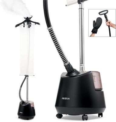 Fridja F1200 - Plancha de Vapor Vertical con Cepillo de Vapor de alta eficacia, depósito de 3 litros, Vaporizador de 2 modos, barra extensible, Centro de Planchado para todos los tejidos, color negro
