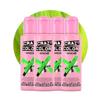 Crazy Color Vibrant Toxic UV Semi-Permanent 4 Pack Quad Hair Dye. Highly Pigmented Neon Green Conditioning & Oil Nourishing Vegan Formula No Bleach or Ammonia 400ml