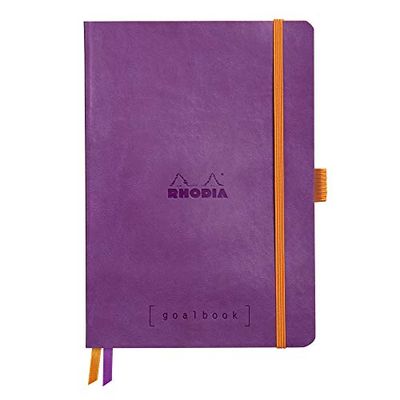 RRHODIA 117770C - Soft Notebook Bullet Journal Goalbook Purple - A5 - Small Squares - 240 pages - 90g Ivory Clairefontaine Paper - 2 Ribbons, Elastic Closure - Faux Leather Cover