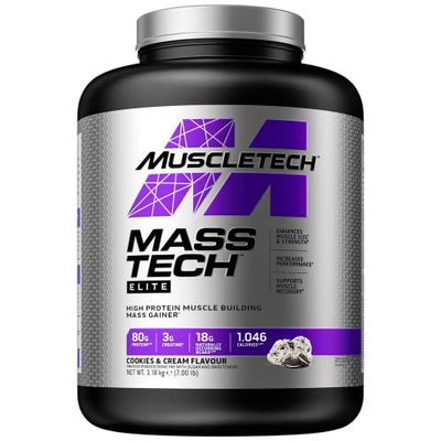 MuscleTech MassTech Elite Protein Powder, Weight & Muscle Mass Gainer, Whey Isolate Mass Protein Powder With 3g Creatine, 80g Protein, 18g BCAA, 14 Servings, 3.2kg, Cookies & Cream