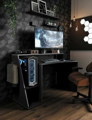 Dmora Lot Desk, Multipurpose Writing Desk, Office Table for PC Holder, Worktop, 138 x 67 x H 94 cm, Dark Grey, Black