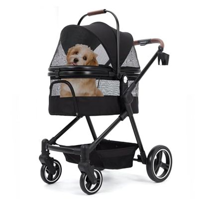 Hondenwagen, inklapbaar, opvouwbaar, met een hondenbox, tot 22 kg, voor huisdieren, buggy met gaasvenster, regenhoes en mand voor opslag