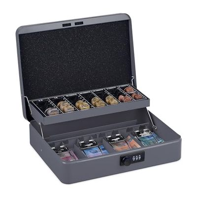 Relaxdays Caja Dinero, Combinación 3 Números, Bandeja para Monedas, Cajita Hierro, 8,5 x 30,5 x 25 cm, Gris, Acero