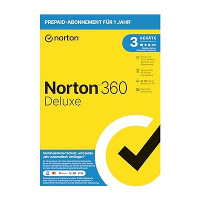 Norton 360 Deluxe 2023 | 3 Geräte | 1-Jahres-Abonnement mit Automatischer Verlängerung | Secure VPN und Passwort-Manager | PC/Mac/Android/iOS | FFP, Aktivierungscode in Originalverpackung