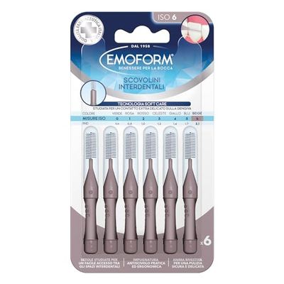 Brosse Interdentaire Emoform Beige 6 pièces avec technologie SoftCare pour un contact extra délicat sur les gencives grâce aux poils souples - Poignée antidérapante avec capuche pour l'hygiène buccale