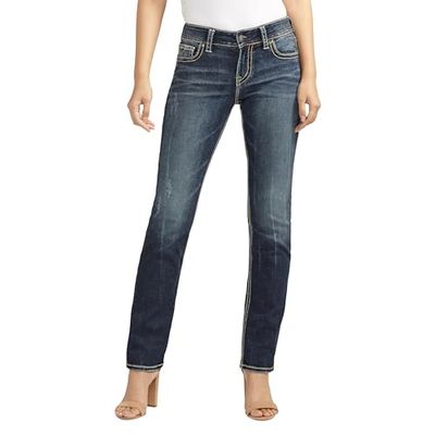 Silverjeans dam Suki Mid Rise raka ben jeans, Vintage mörk tvätt med Lurex stygn, 25W / 34L