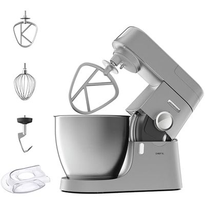 Kenwood Chef XL KVL4100S — Keukenmachine met grote roestvrijstalen mengkom van 6,7 l, multifunctionele keukenhulp, 1200 W, incl. 3-delige patisserieset, zilver