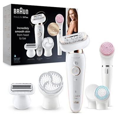 Braun Silk-épil 9 Coffret Beauté & Spa Epilateur Electrique Femme Blanc/Doré, Tête Souple, Grip Antidérapant, Brosses Exfoliantes Et Éponge De Maquillage Idée Cadeau, 9-100