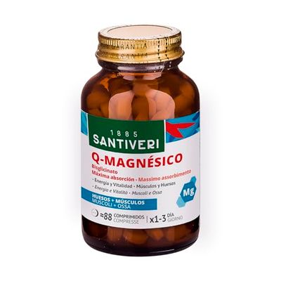Santiveri - Q-Magnésico, Magnesio Bisglicinato Alta Absorción, Reduce Cansancio y Fatiga, Apoya Músculos, Sistema Nervioso y Huesos – Suplemento Vegano, 88 Comprimidos