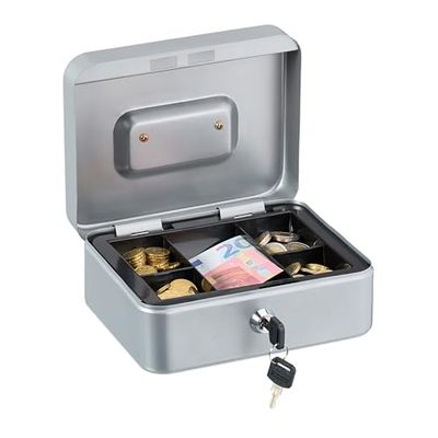 Relaxdays Caja de Dinero, Cerradura, Bandeja Extraíble, 5 Compartimentos, Cajita Hierro, 8,5 x 20 x 17 cm, Plateado