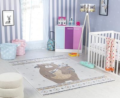 Livabliss Ours Tapis Chambre Enfant Crème, Orange, Brun, Bleu - Tapis Enfant Poil Court Coloré et Doux pour Chambres à Coucher, Salle de Jeu - Carpette Chambre Fille, Garçon, Bébé - 160x213 cm
